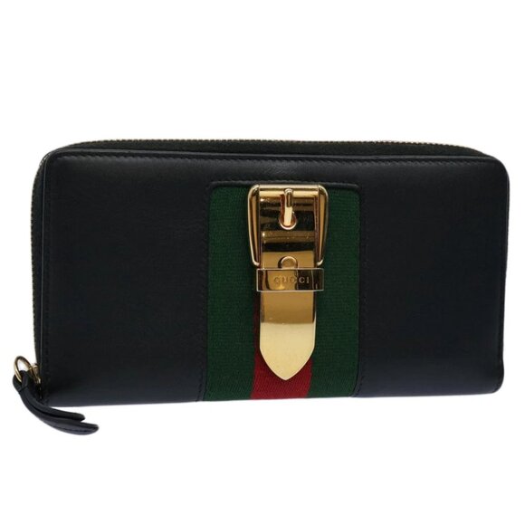 GUCCI Silvi Web Sherry Line Long Wallet Leather Black Red 476083 Auth 60085AV - Picture 1 of 16